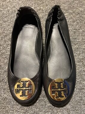 Tory Burch Minnie Ballet Travel Flats Royal Black Leather